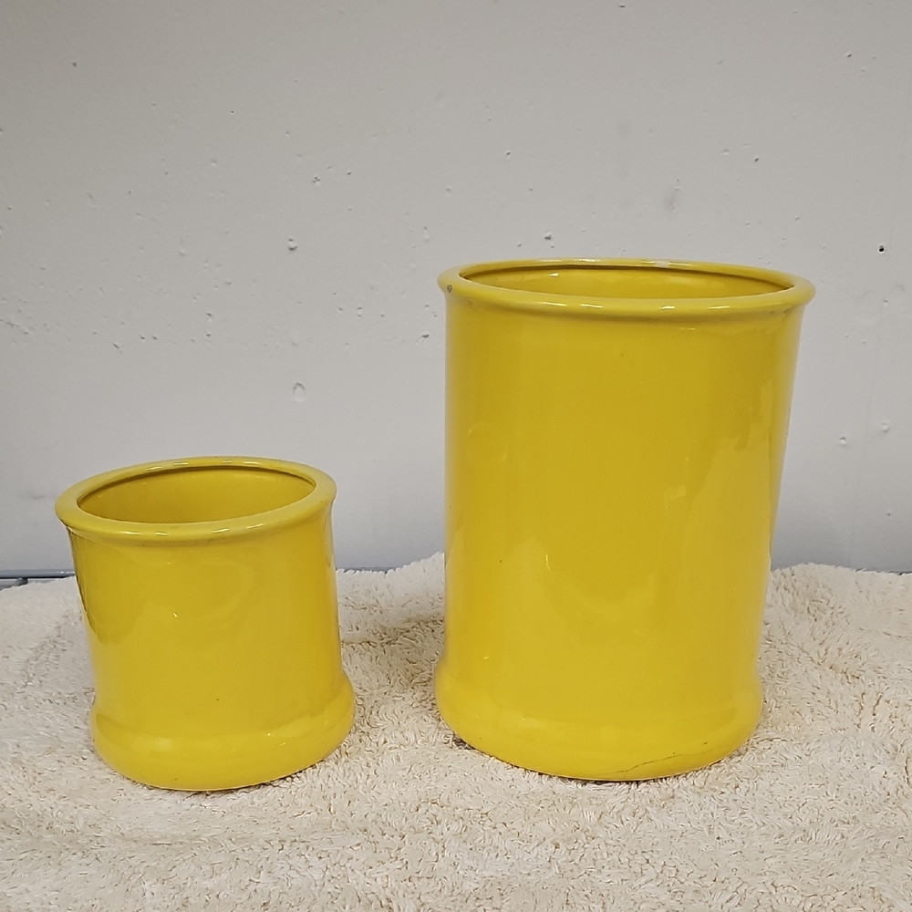 Vintage Yellow Ceramic Planter Set - Large, Small